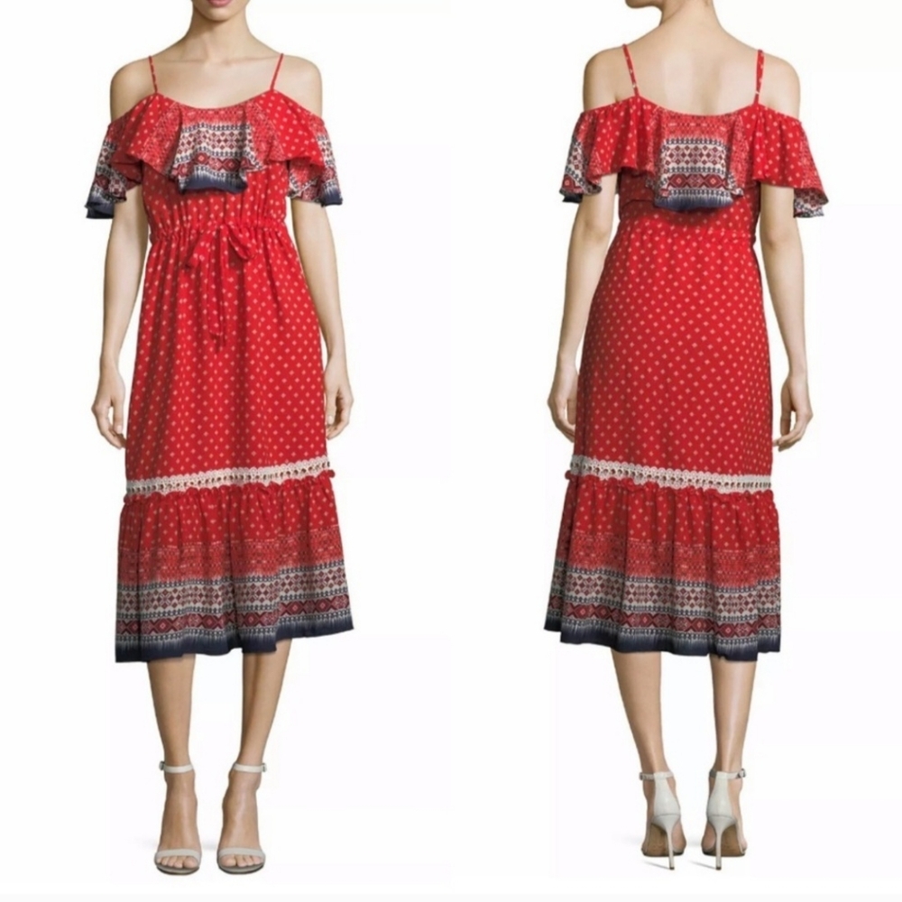 MISA Los Angeles Aztec Print Midi Dress XS Off Shoulder Flowy Red, Navy,White